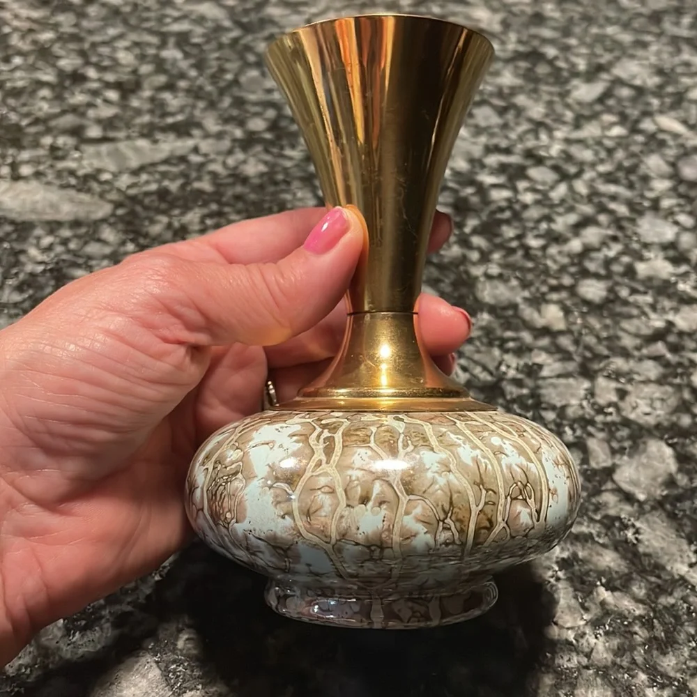 Vintage Delft Holland Hand Painted Luster Bud‎ Vase Brass Light Blue Grey 6”